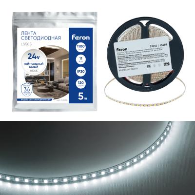 Светодиодная лента 24V Feron LS505 , 120*SMD2835, 11W/m, IP20, 4000К (белый нейтральный) 53055