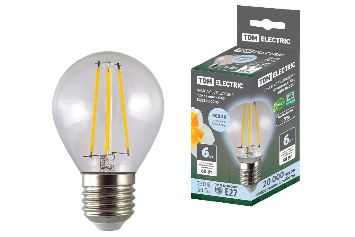 Лампа светодиодная филаментная TDM Electric E27 6W 4000K прозрачная SQ0340-0280
