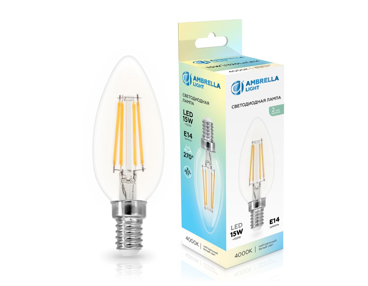 Филаментная светодиодная лампа Ambrella Light Bulbing E14 15W 4000K свеча 351514