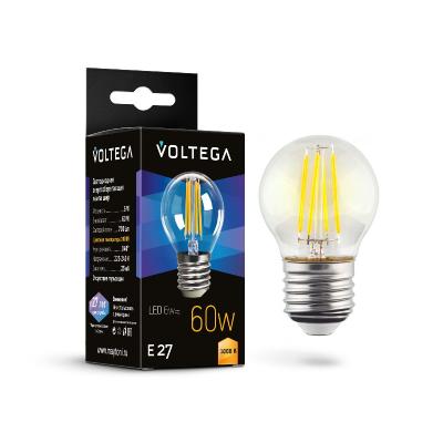 Лампа светодиодная филаментная Voltega E27 6W 3000K шар прозрачный 7215
