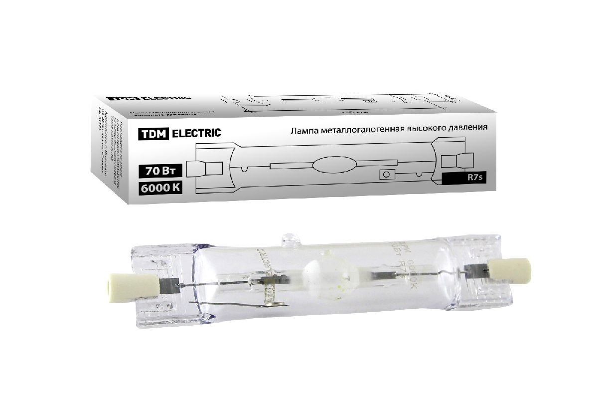 Лампа металлогалогенная TDM Electric Rх7s 70W 6000K прозрачная SQ0325-0012
