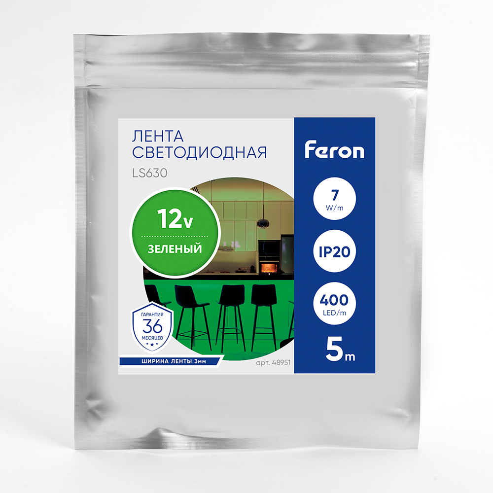 Светодиодная лента Feron LS630 12В 7Вт/м Зеленый 5м IP20 48951