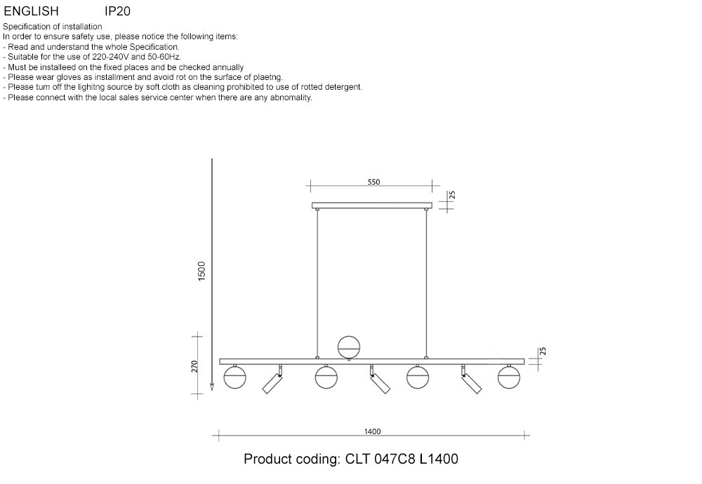 Подвесная люстра Crystal Lux CLT 047C8 L1400 BL-GO